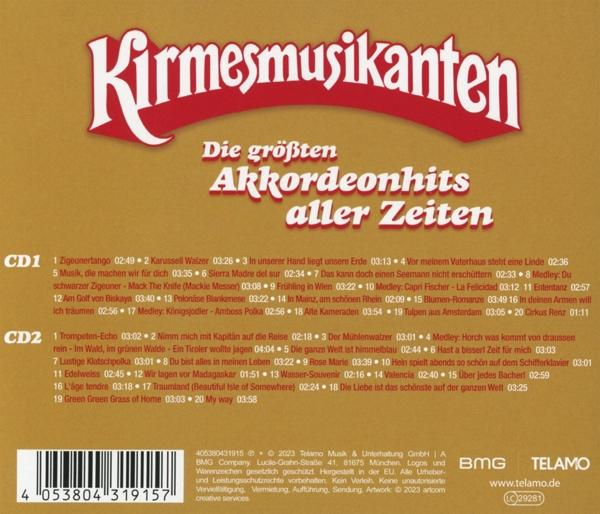CD-Cover für "Kirmesmusikanten" mit verschiedenen Akkordeon-Hits. Text auf Deutsch.
