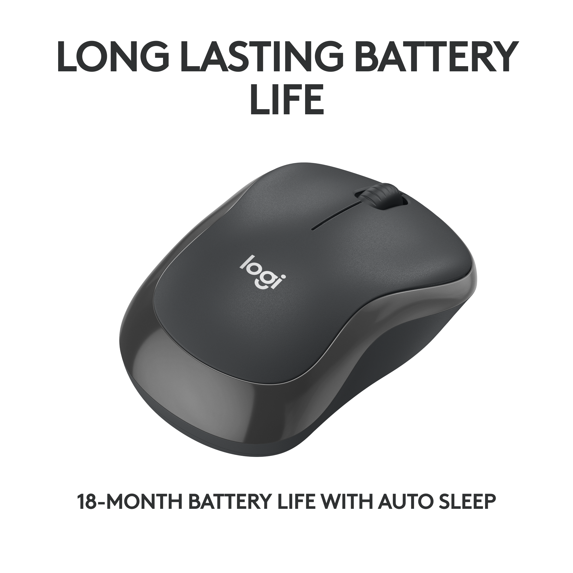 Souris sans fil noire avec une molette et le logo Logi.