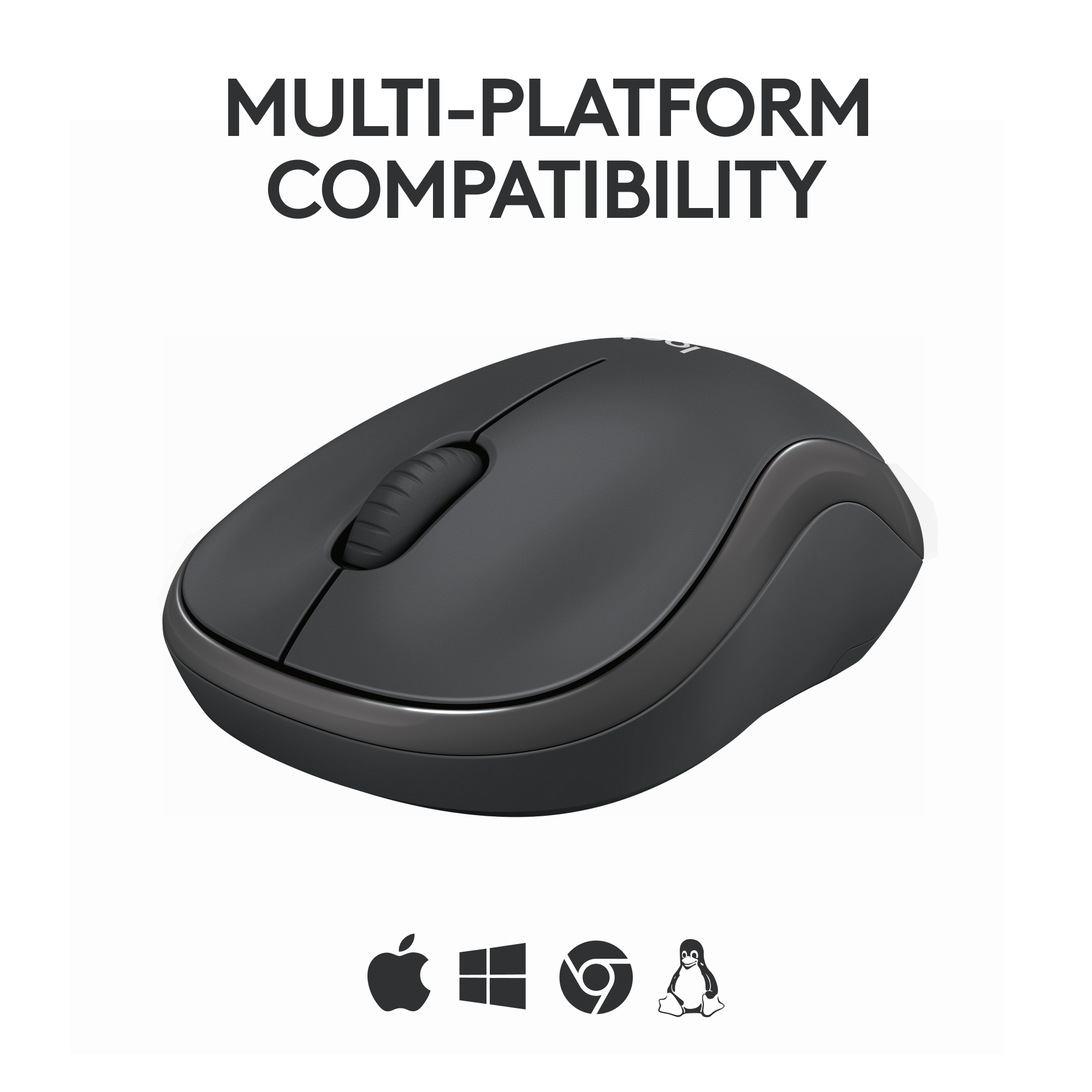 Souris noire avec boutons, molette de défilement. Elle est sur fond blanc.