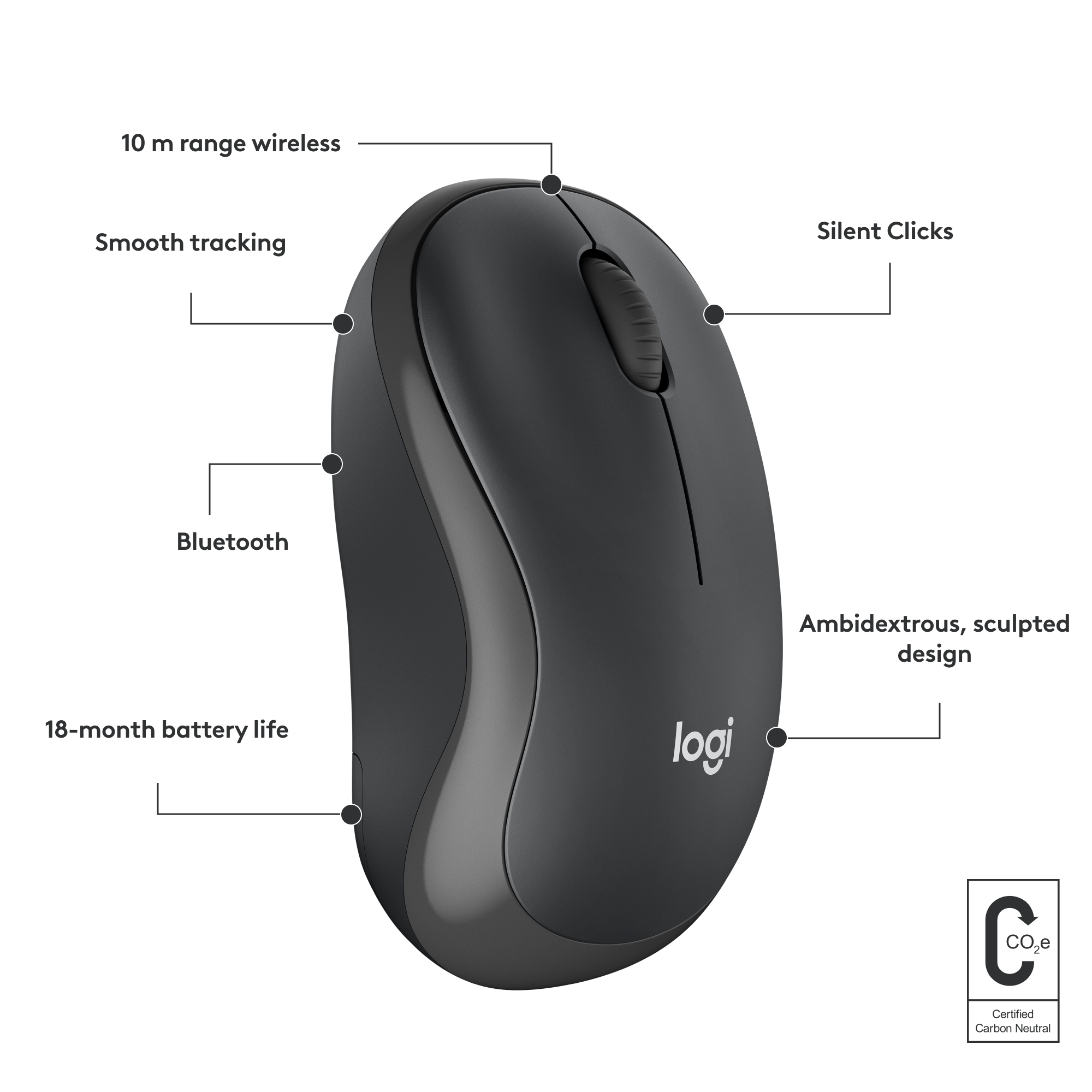 Souris sans fil noire avec des étiquettes. Indique Bluetooth, 18 mois d'autonomie, etc.