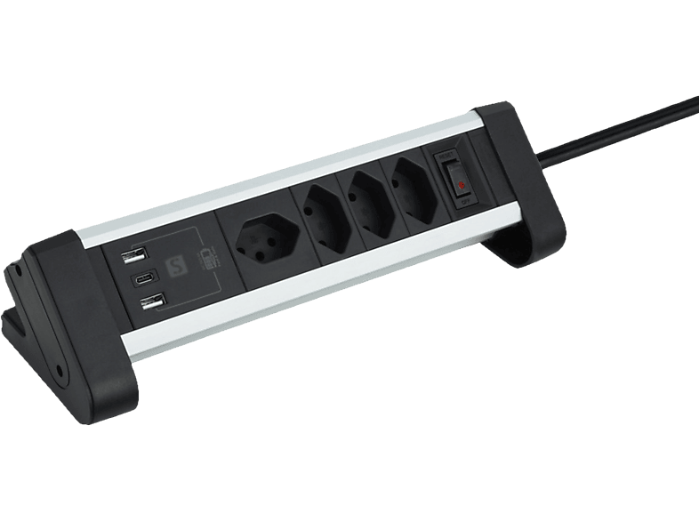 SCHOENENBERGER Power Strip 4xT13+1xUSB-C/2xUSB-A - Steckdosenleiste (Silber/Schwarz)