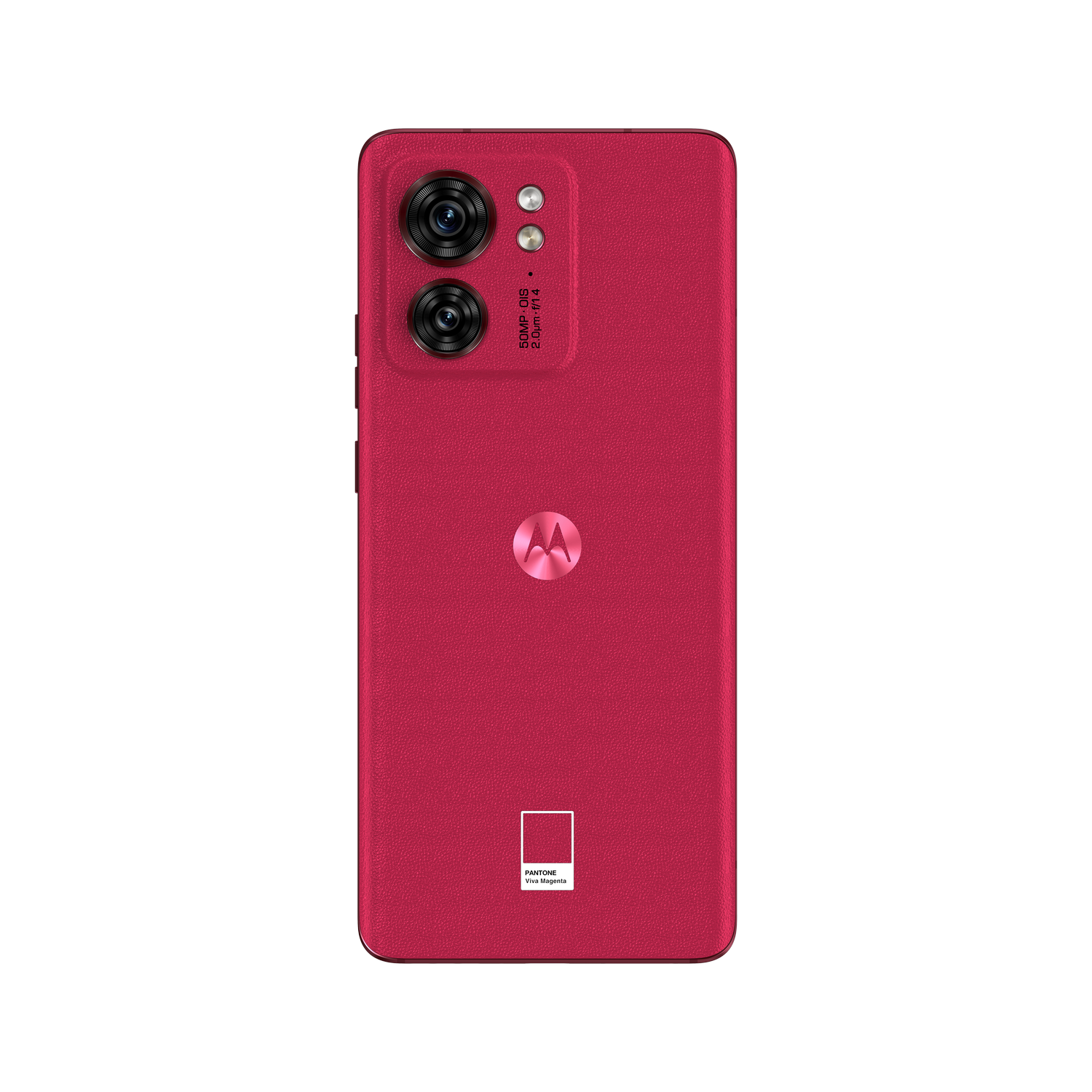 Un primer plano de la parte trasera de un teléfono rojo, mostrando la cámara y el logo.