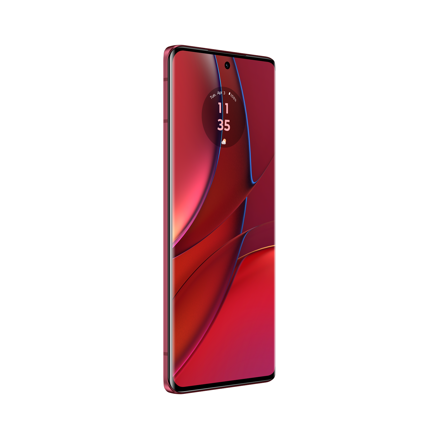 Un smartphone rojo sobre un fondo negro, mostrado en ángulo. La pantalla es visible.