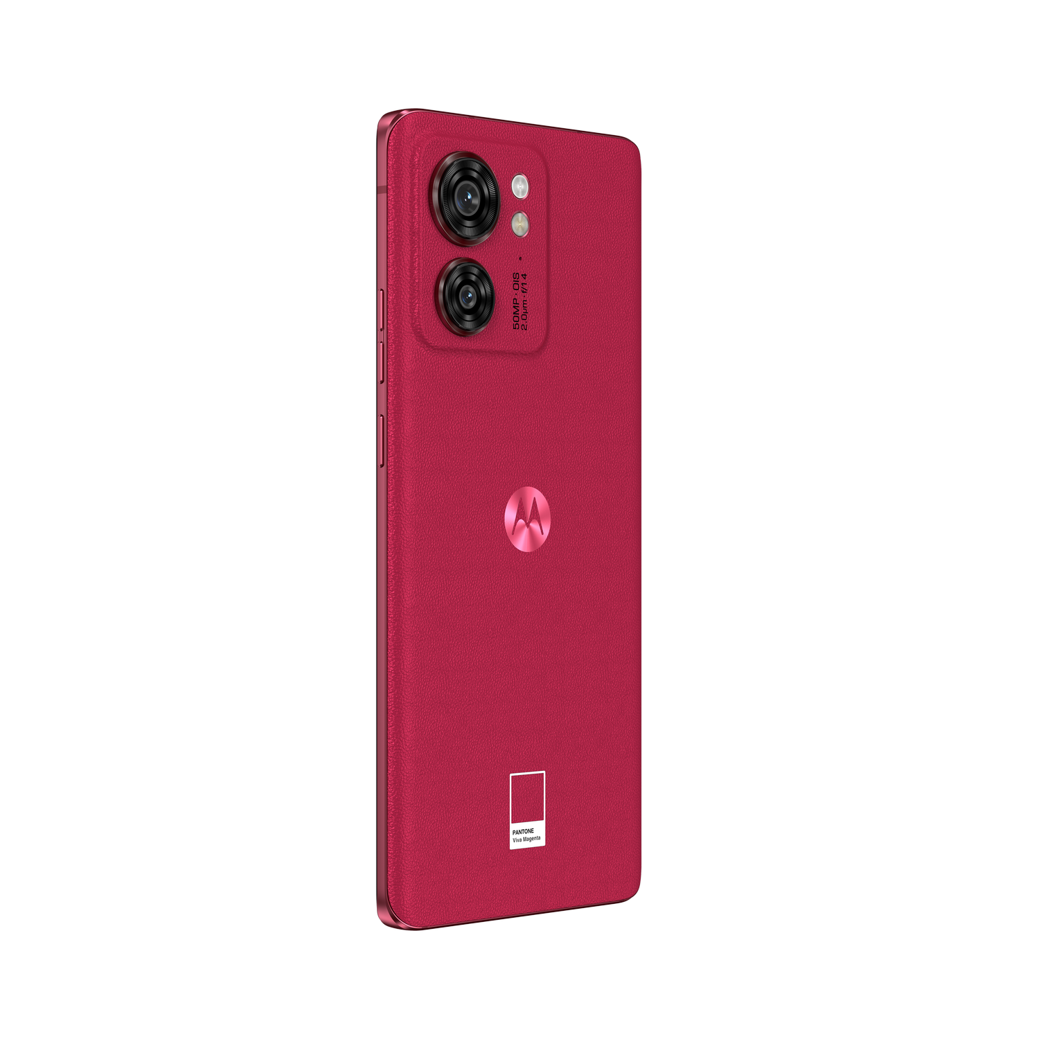 Teléfono Motorola rojo, vista trasera. Dos cámaras, logotipo de Motorola y etiqueta Pantone abajo.