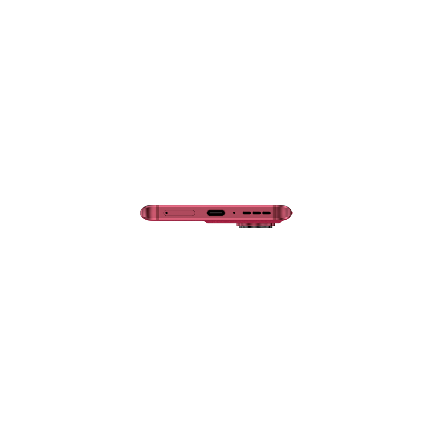Vista lateral de un teléfono rosa con cámara y puertos.