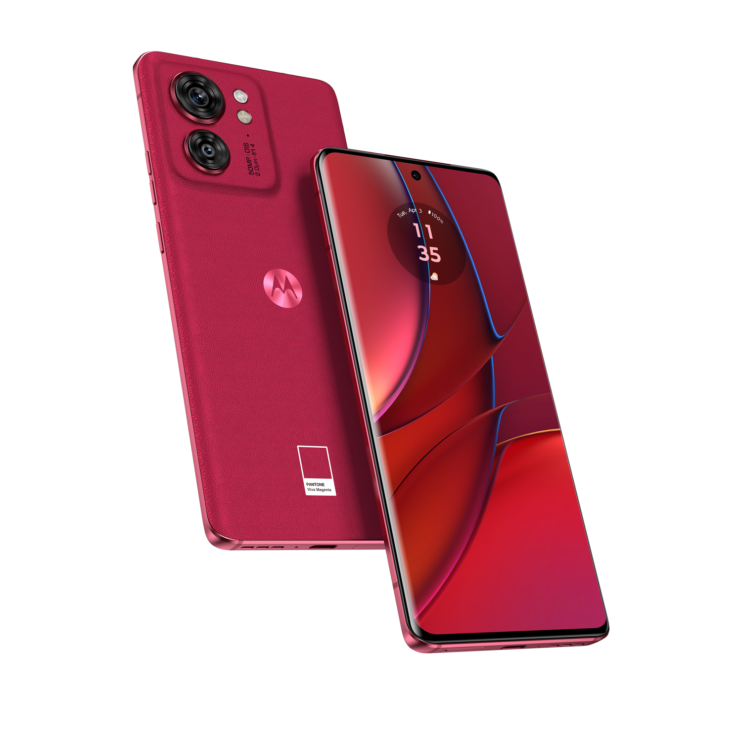 Teléfono inteligente rojo con cámaras traseras y parte trasera roja. Fondo negro.