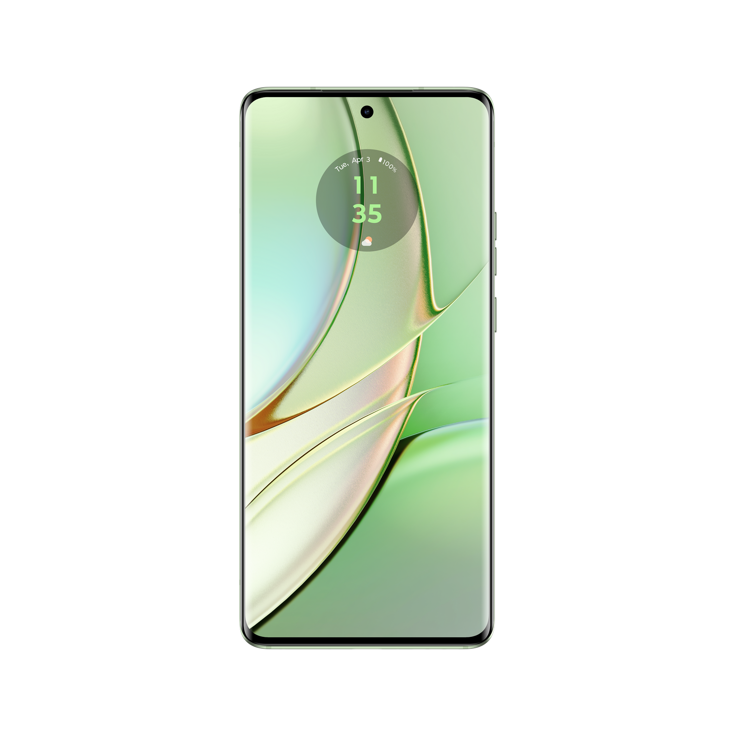 Smartphone con pantalla grande. Muestra un reloj y un fondo en tonos verdes.