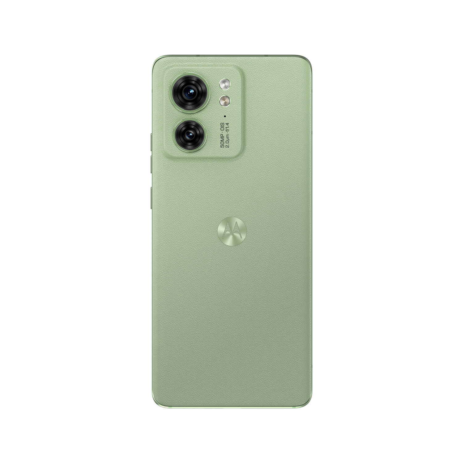 Teléfono Motorola verde, vista trasera, con cámaras y logotipo de Motorola.