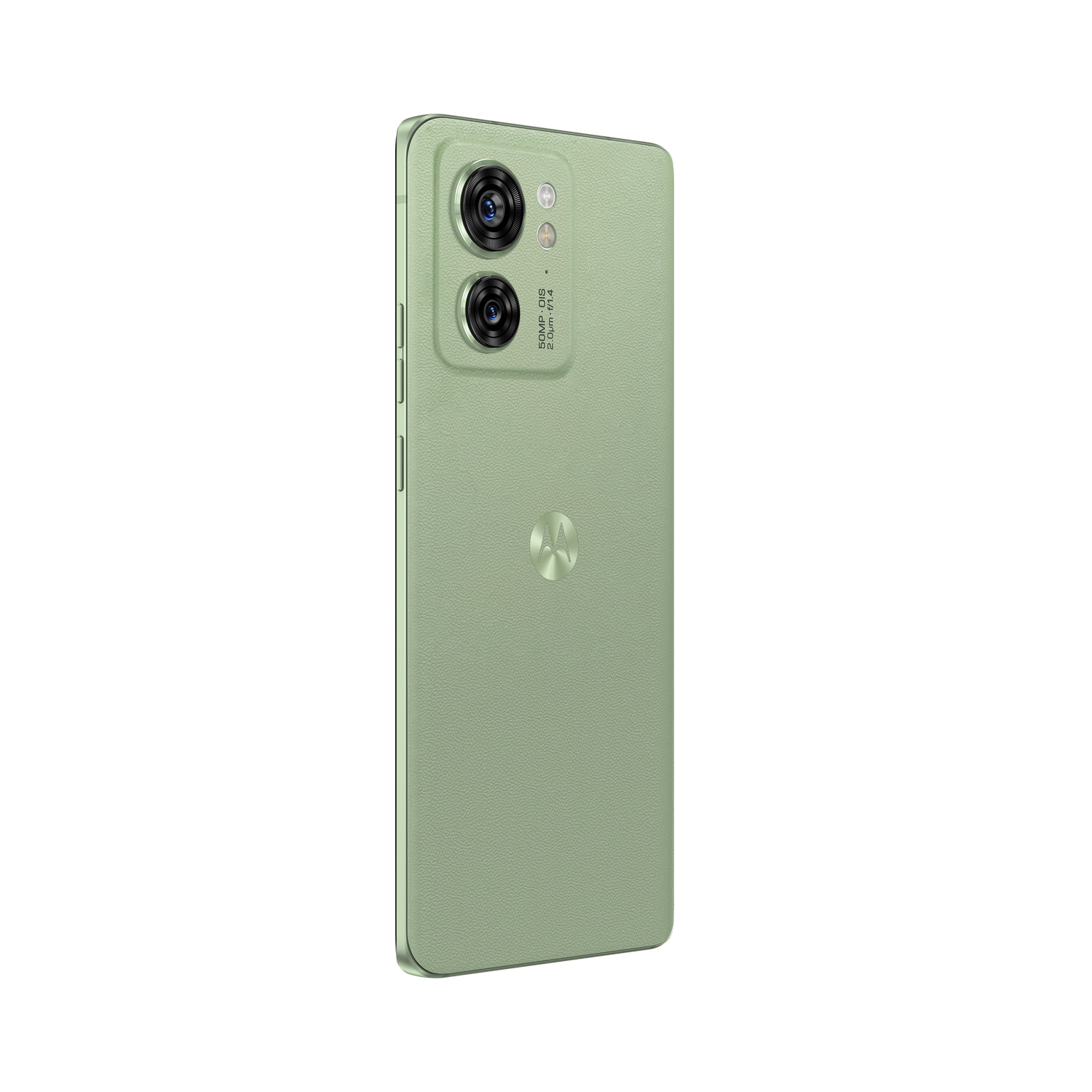 Un teléfono Motorola verde claro con dos lentes de cámara y un logotipo.