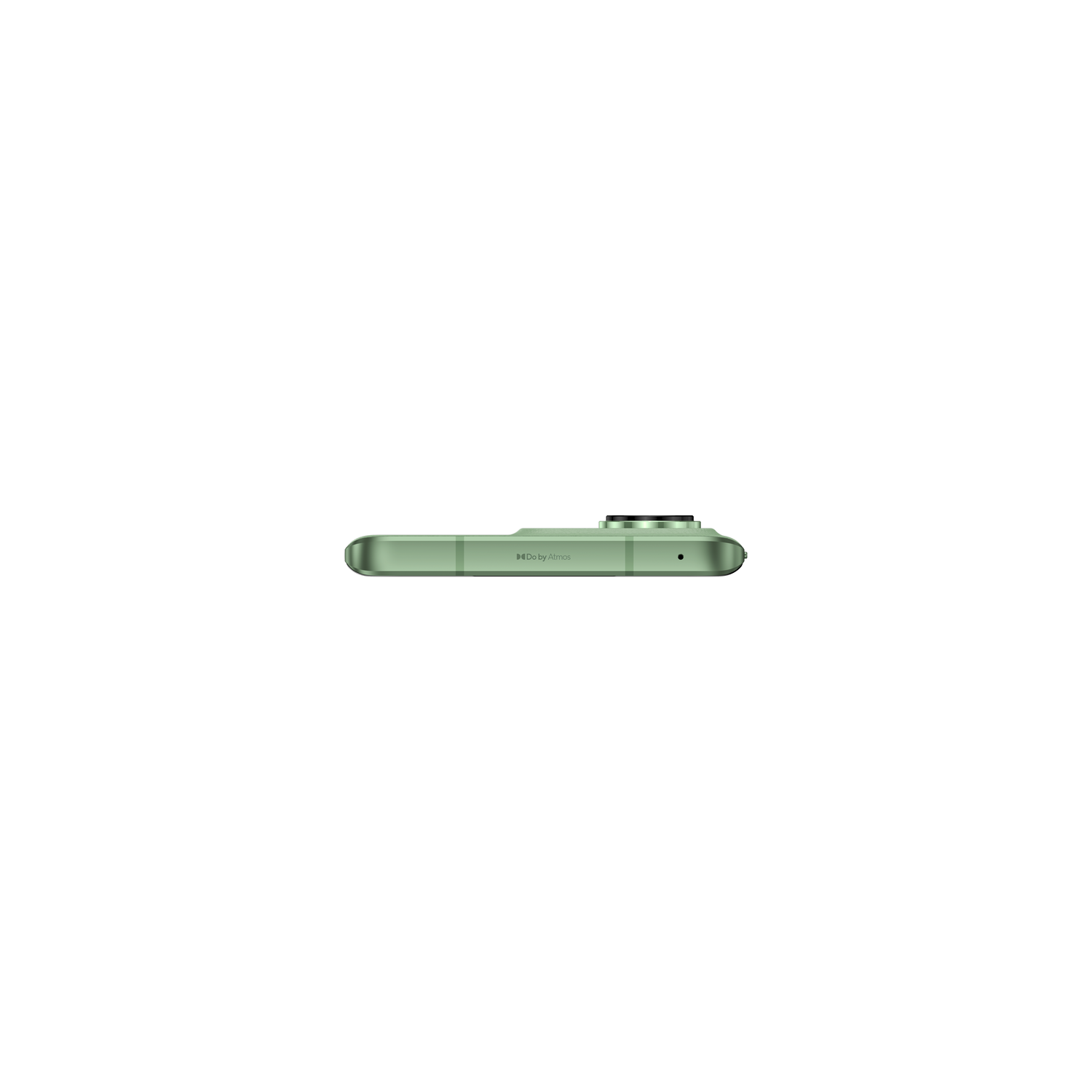 Smartphone verde sobre fondo negro, visto desde arriba, con protuberancia de cámara.