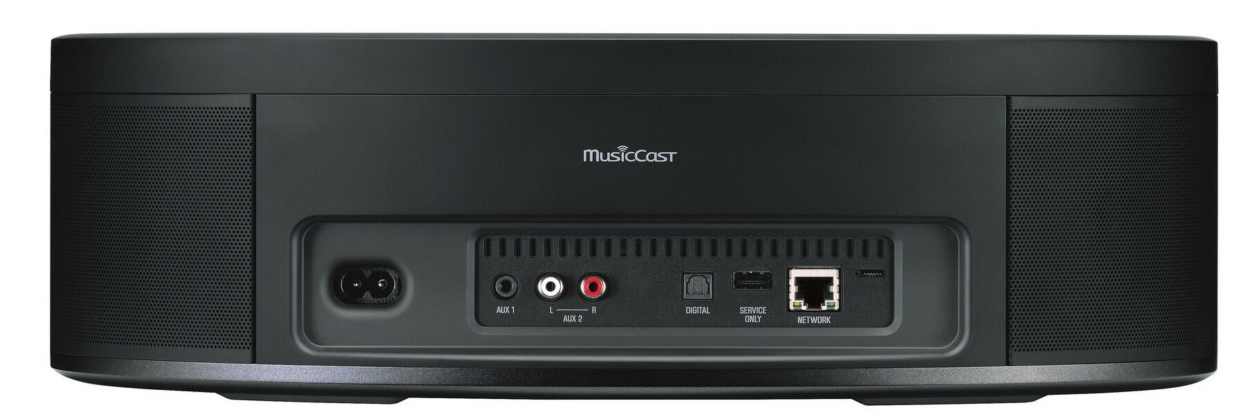 Tył czarnego soundbara z portami i tekstem MusicCast.
