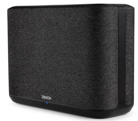 Głośnik domowy Denon w ciemnoszarym kolorze z materiałową osłoną.