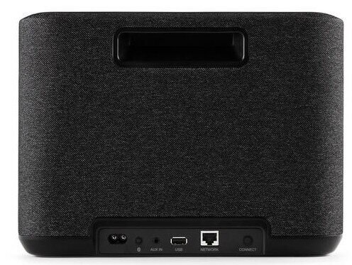 Widok z tyłu głośnika pokrytego ciemnoszarą tkaniną z czarnymi akcentami.