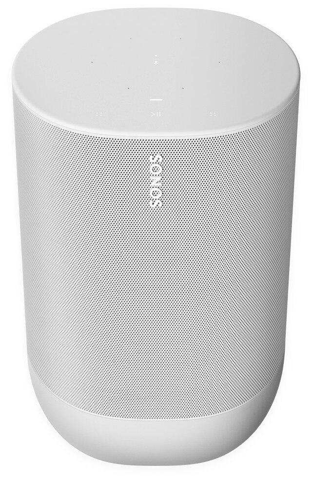 Biały głośnik cylindryczny z perforowaną konstrukcją, napis SONOS.