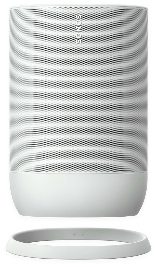 Biały głośnik Sonos z odłączoną podstawą. Głośnik jest cylindryczny z perforowaną powierzchnią.