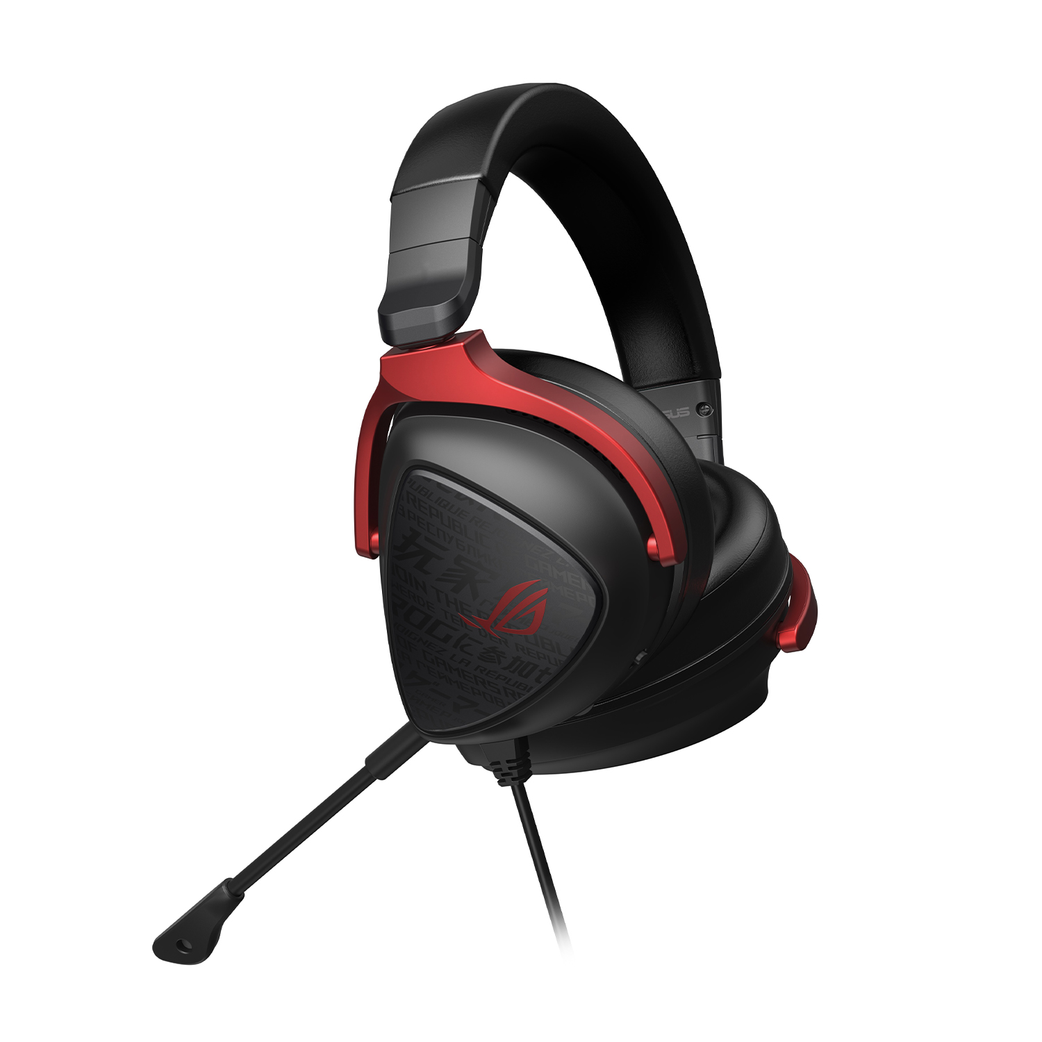 Cuffie da gaming nere e rosse con microfono. I padiglioni hanno un logo e il marchio ROG.