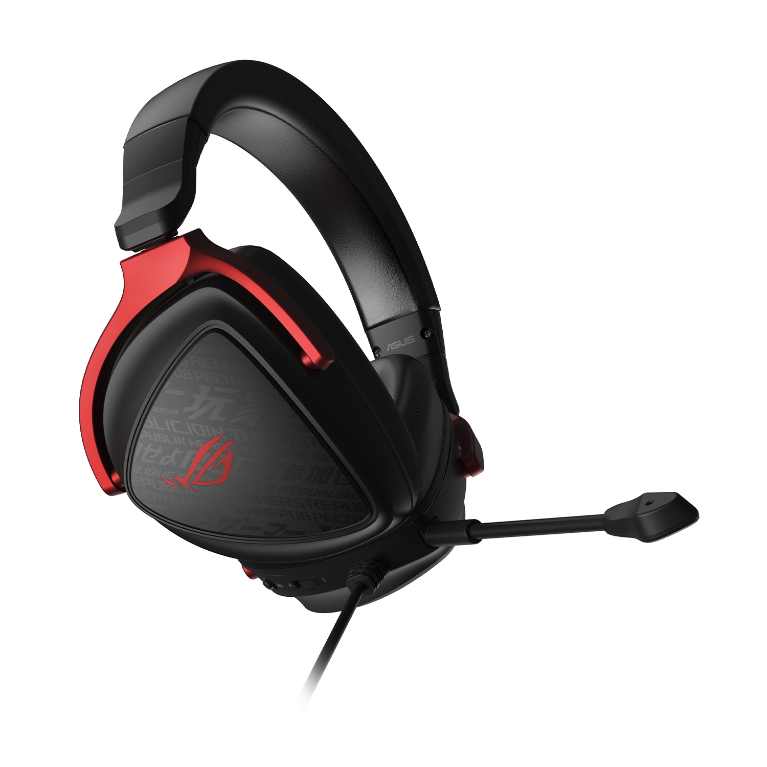 Cuffie da gioco nere e rosse con microfono. Le cuffie hanno il logo ROG.