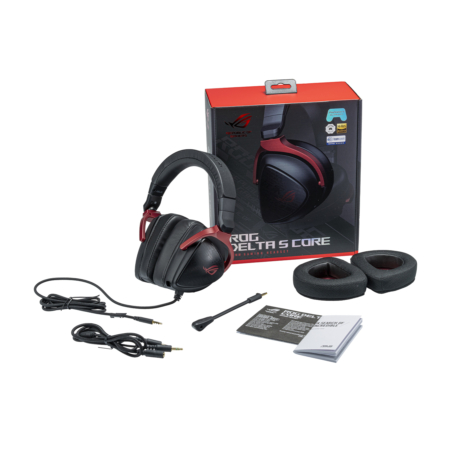 Cuffie gaming nere e rosse con scatola, cavi e cuscinetti extra.