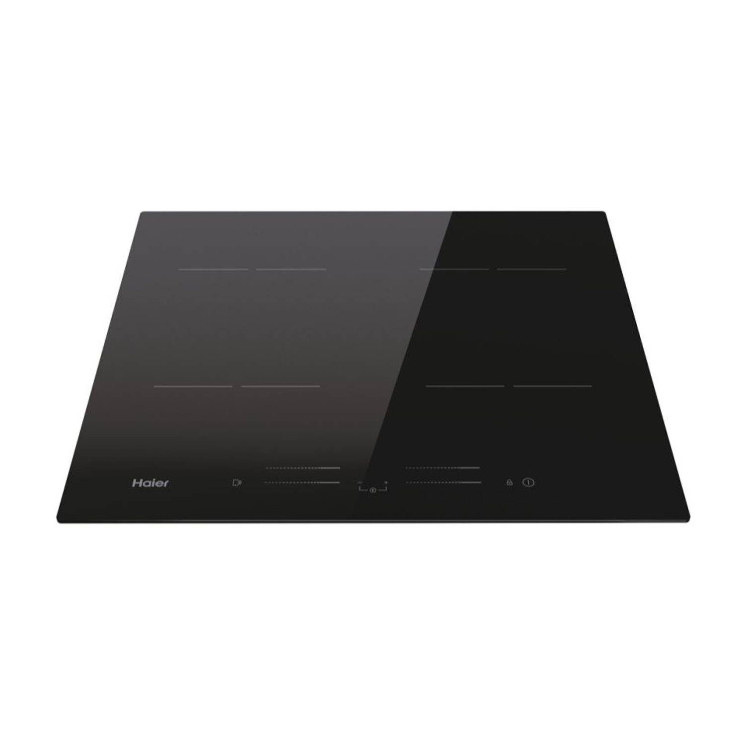 Un piano cottura a induzione nero da incasso, con quattro zone di cottura. Sfondo bianco.