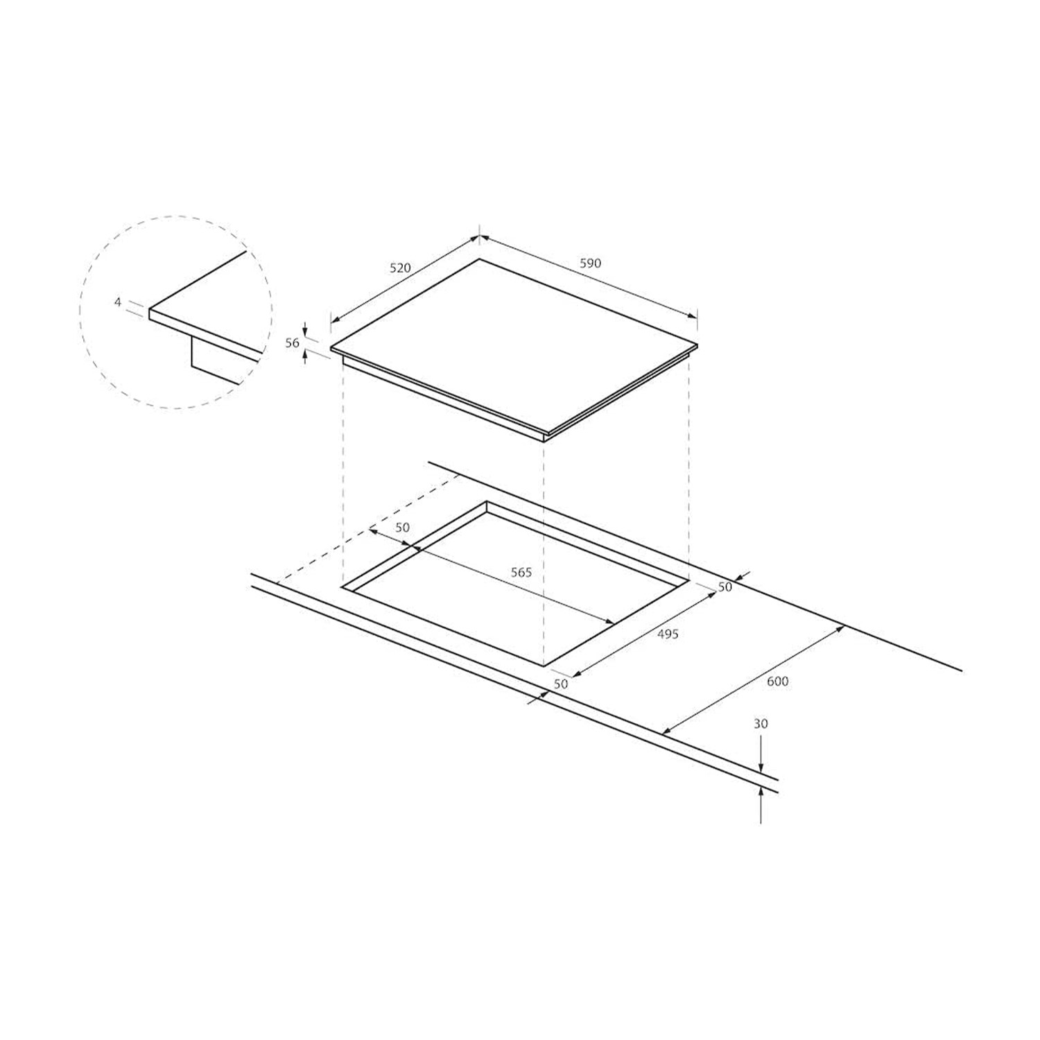 Un'illustrazione di un piano cottura con misure e dimensioni su sfondo bianco.