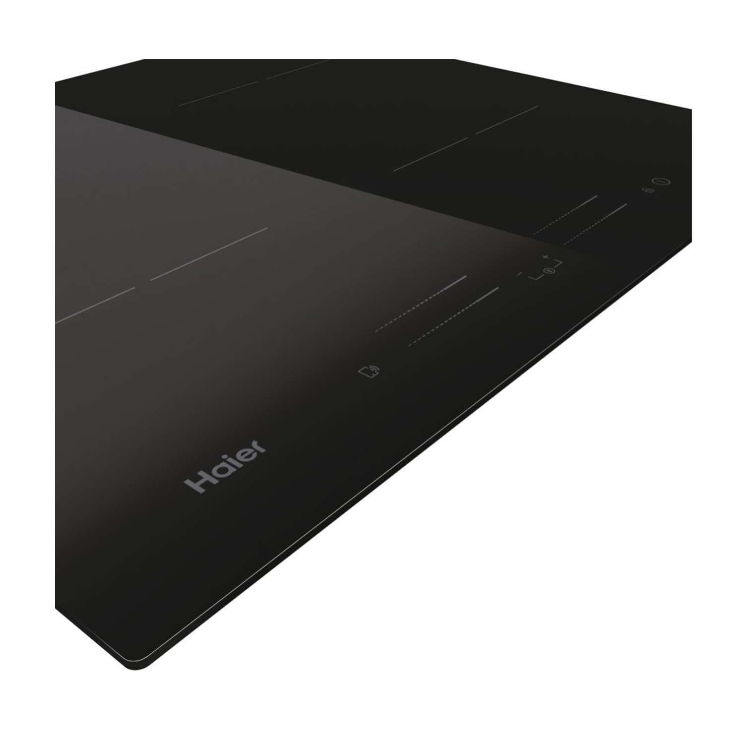 Piano cottura a induzione nero Haier. Linee tratteggiate indicano zone cottura. Tasti accensione e controllo visibili.