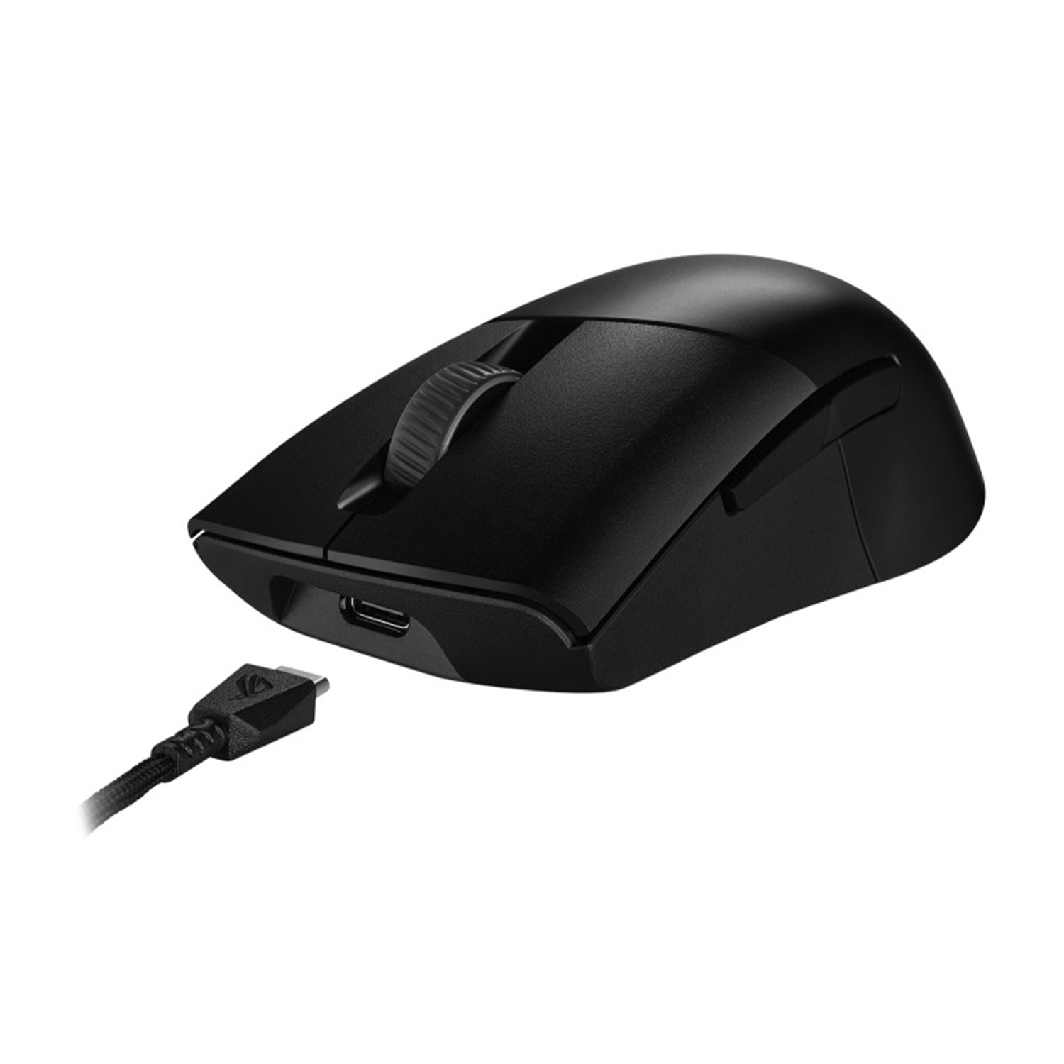 Mouse wireless nero con porta di ricarica e cavo USB-C collegato.