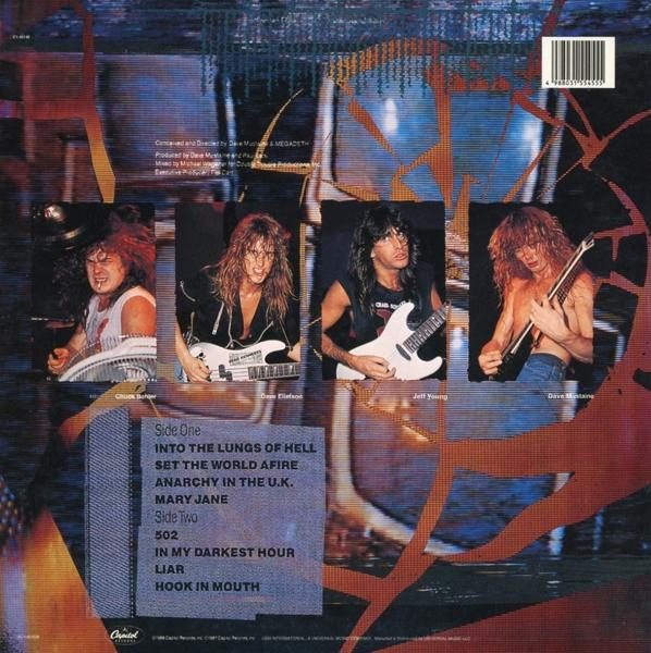 A Megadeth album hátlapja. A zenekar tagjai és a számlista látható. Lila és kék háttér.