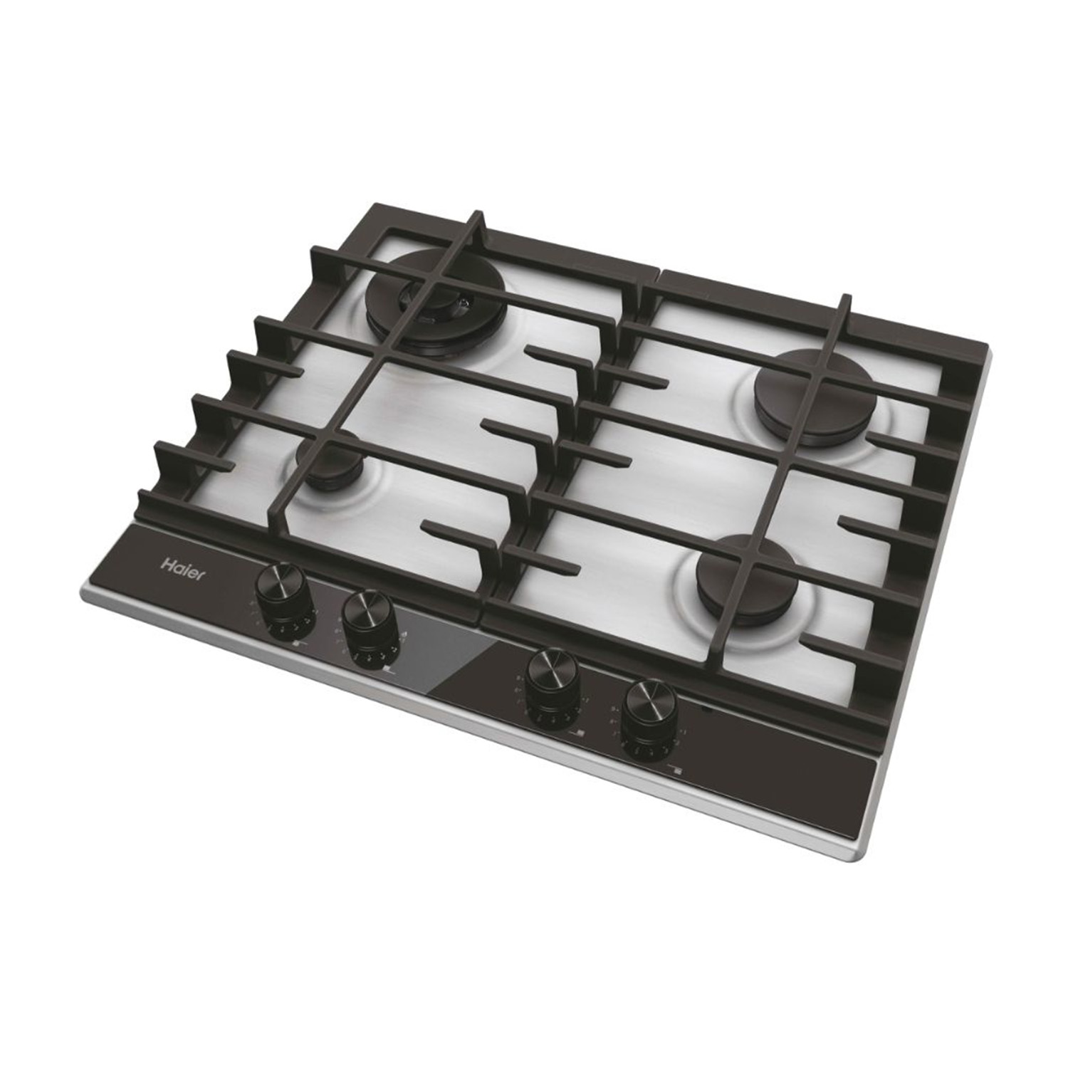 Piano cottura a gas in acciaio inox. Quattro bruciatori con griglie e manopole nere.