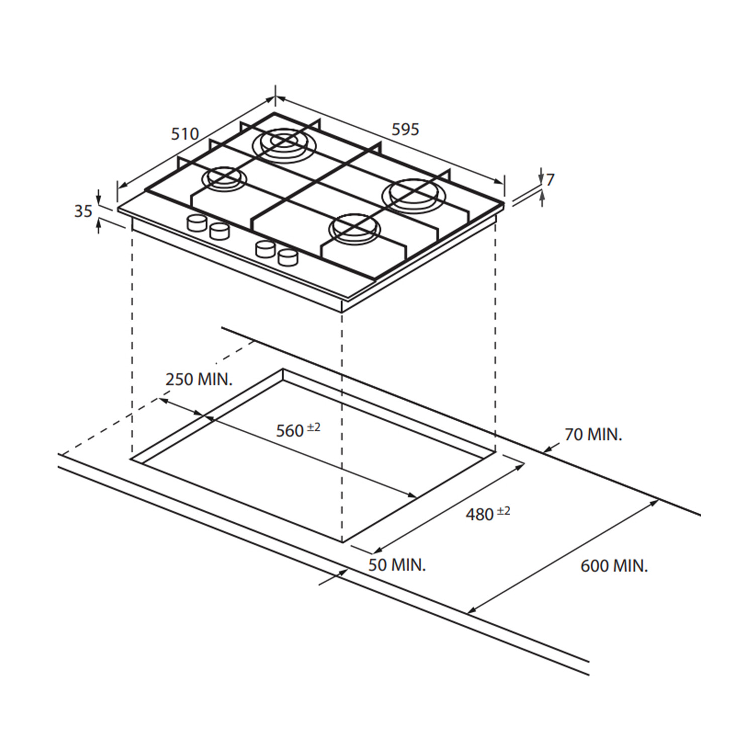Un diagramma che mostra le dimensioni di un piano cottura e il taglio necessario.