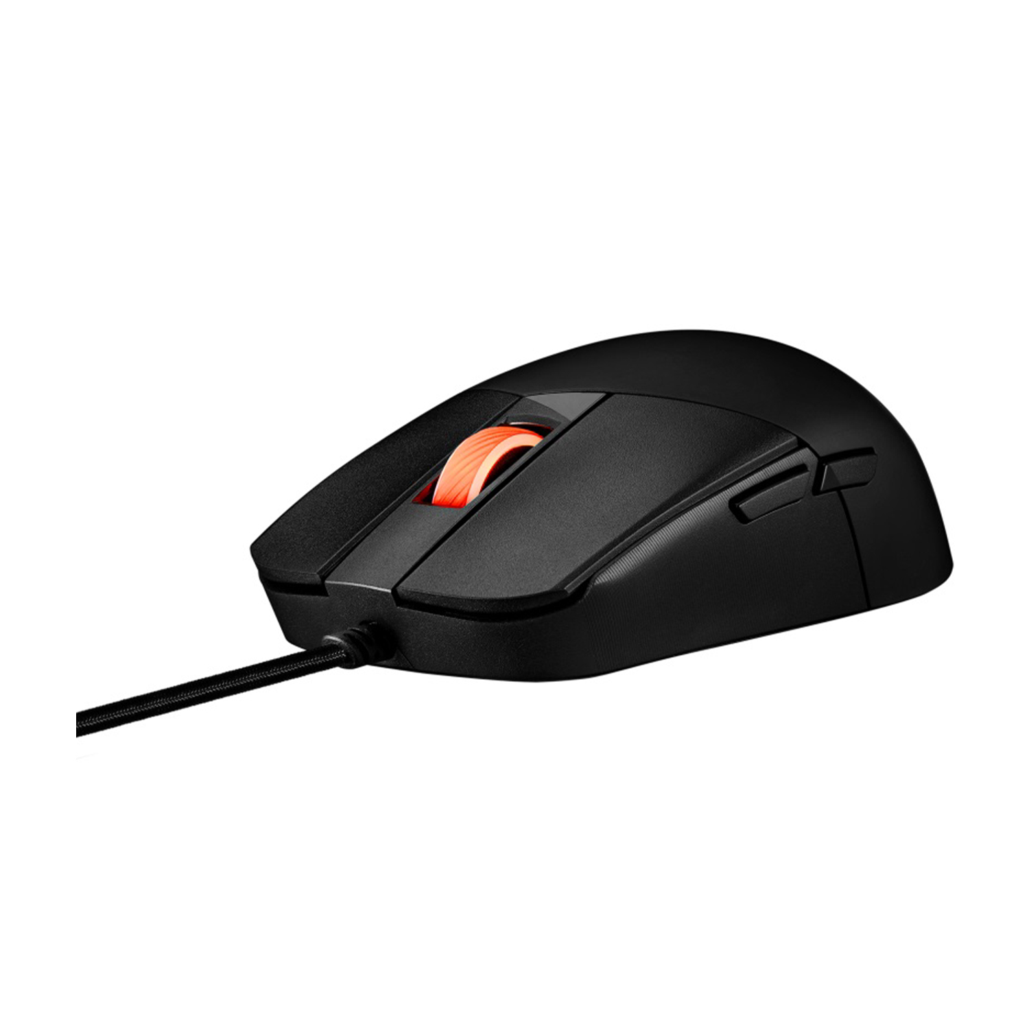 Mouse gaming nero con rotella rossa e cavo nero, visto in prospettiva su sfondo bianco.