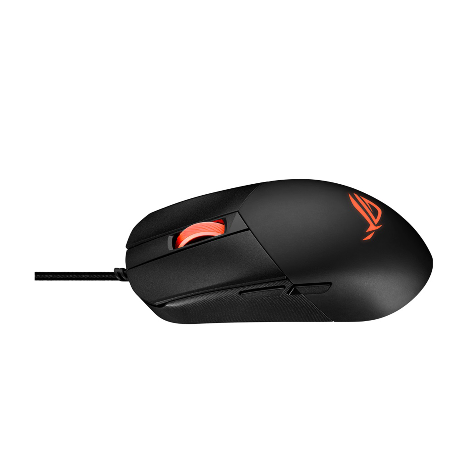 Mouse per computer nero con dettagli rossi, cavo collegato. Logo sul lato. Sfondo bianco.