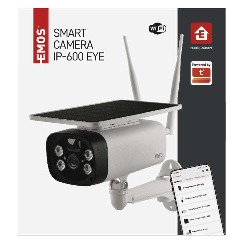 EMOS Smart Camera IP-600 EYE, fehér antennákkal és egy telefon az alkalmazással.