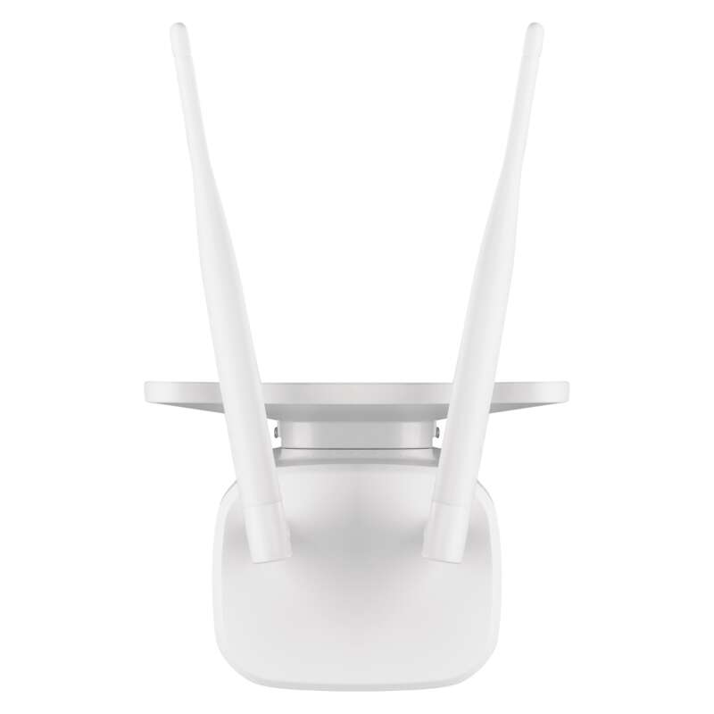 Fehér WiFi router két antennával, fehér háttérrel, felülnézet.