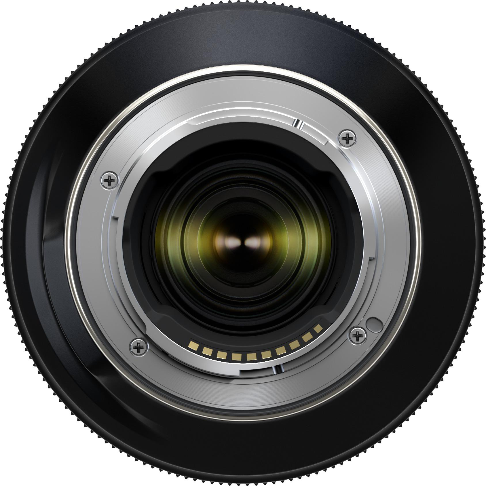 Vista posteriore di un obiettivo per fotocamera con attacco argentato e finiture nere.