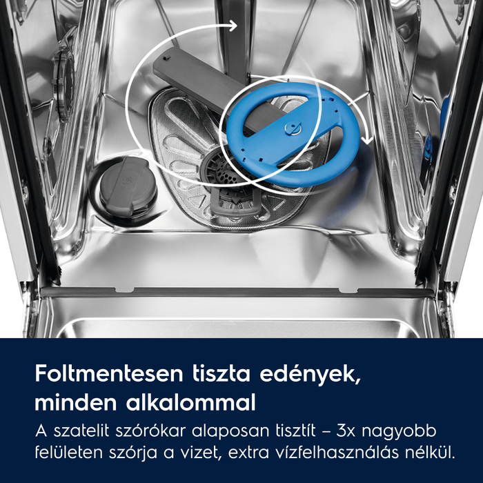 Mosogatógép belseje, a szórókarokkal és egy kék kerékkel.