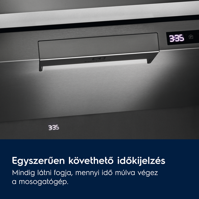 A mosogatógép kijelzőjének közeli képe a hátralévő idővel, magyar szöveggel.
