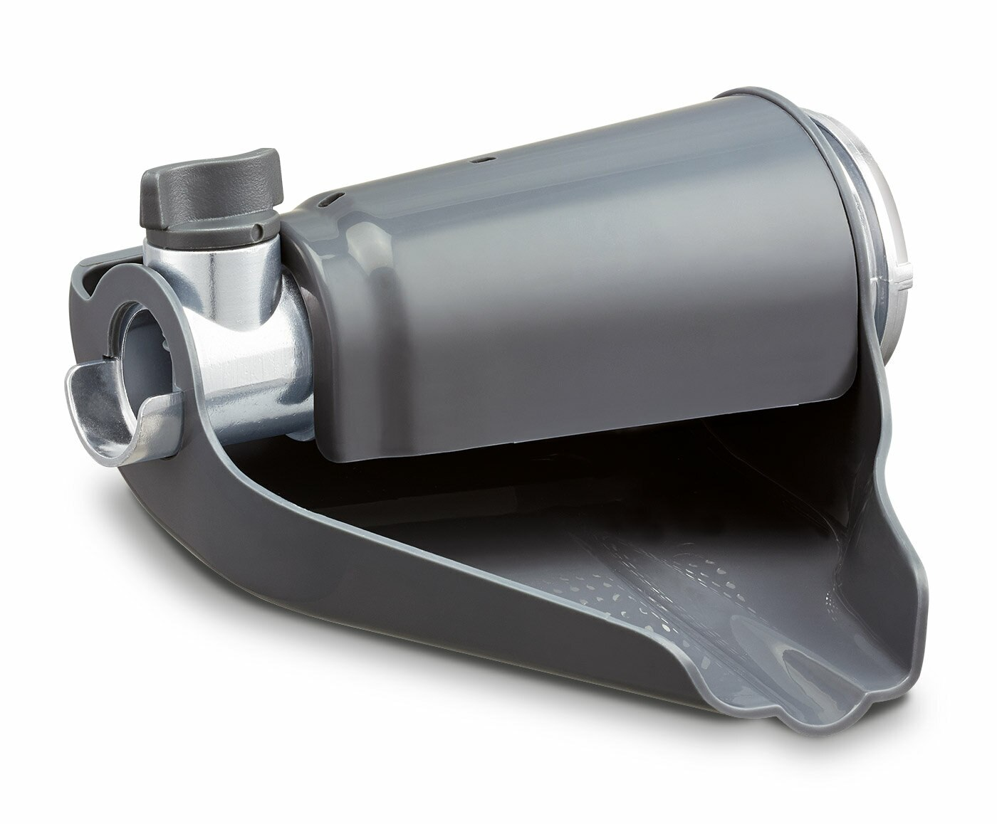 Szara głowica zraszacza ogrodowego. Posiada dyszę i szary korpus. Białe tło.