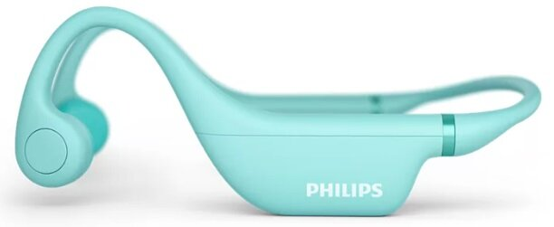 Miętowe słuchawki Philips przewodnictwa kostnego. Zakrzywiona konstrukcja dookoła ucha.