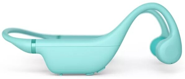 Para turkusowych słuchawek kostnych, widok z boku, na białym tle.