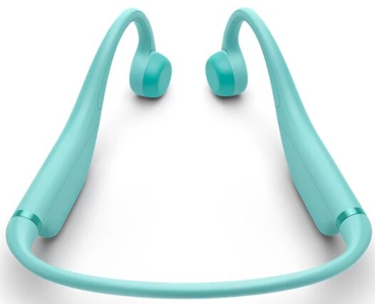 Turkusowe słuchawki przewodnictwa kostnego. Zakrzywiony design. Białe tło.
