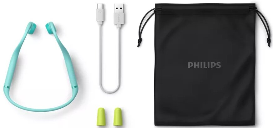 Niebieskie słuchawki na szyję, kabel ładujący i wkładki douszne z etui.