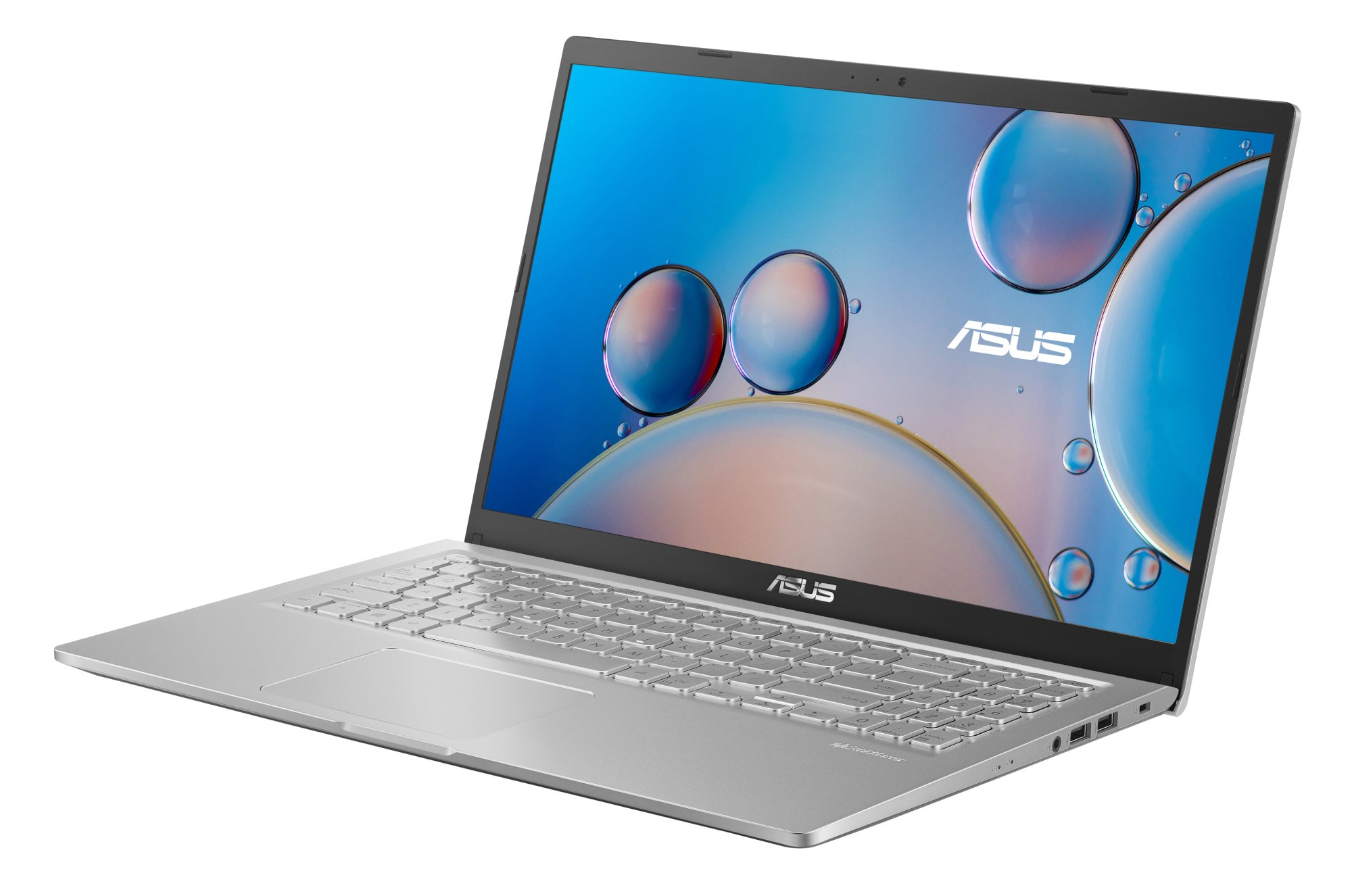 Portátil ASUS plateado sobre fondo blanco. La pantalla muestra un gráfico azul con burbujas.