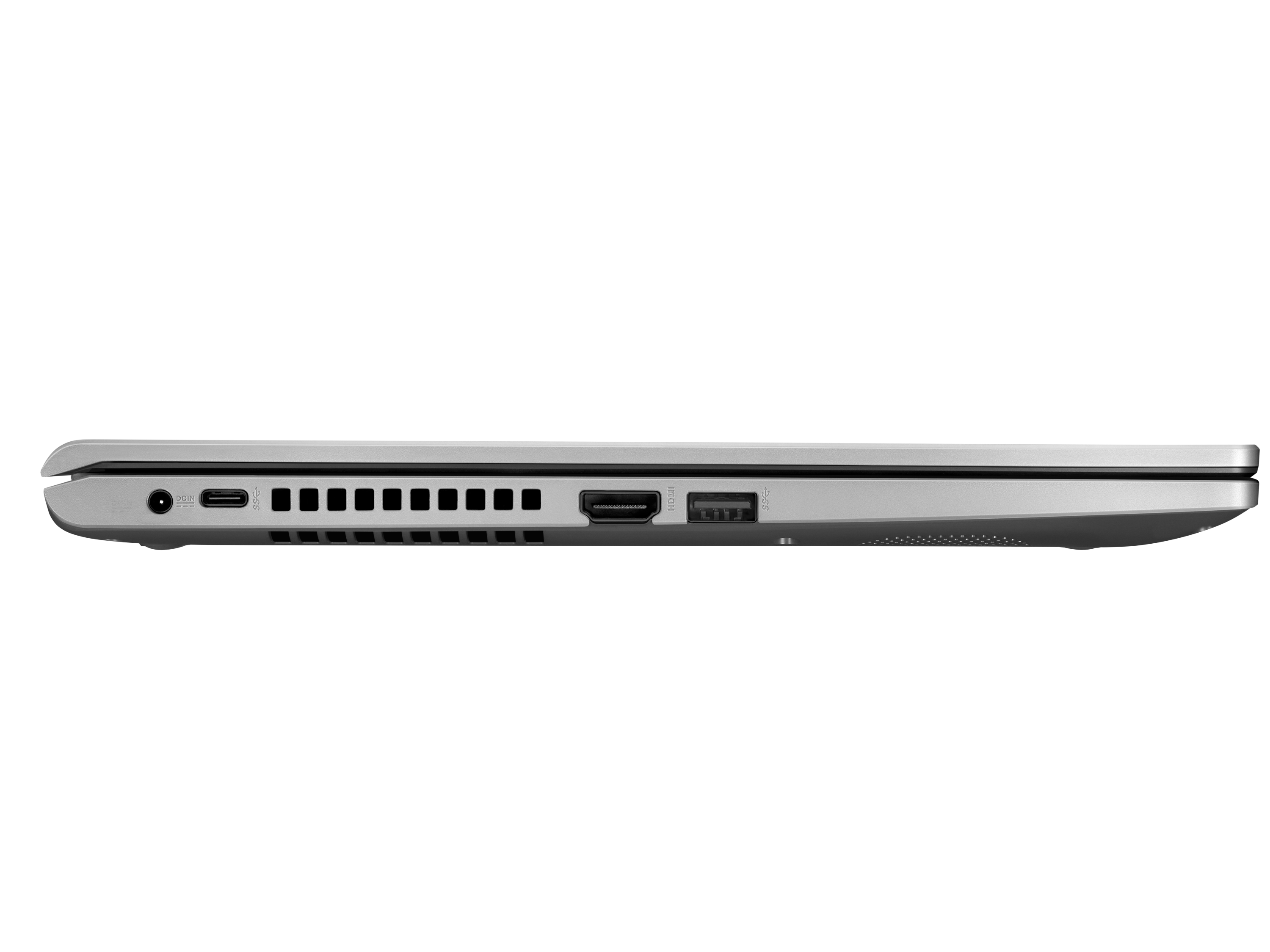 Una computadora portátil plateada vista de lado, que muestra puertos, un USB-C y una bisagra.
