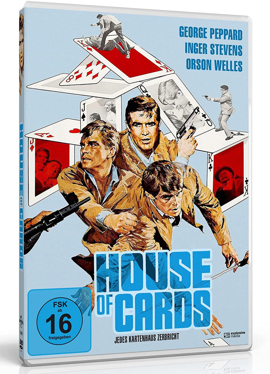 DVD-Hülle für den Film 'House of Cards'. Zeigt Schauspieler und Spielkarten auf hellblauem Hintergrund.