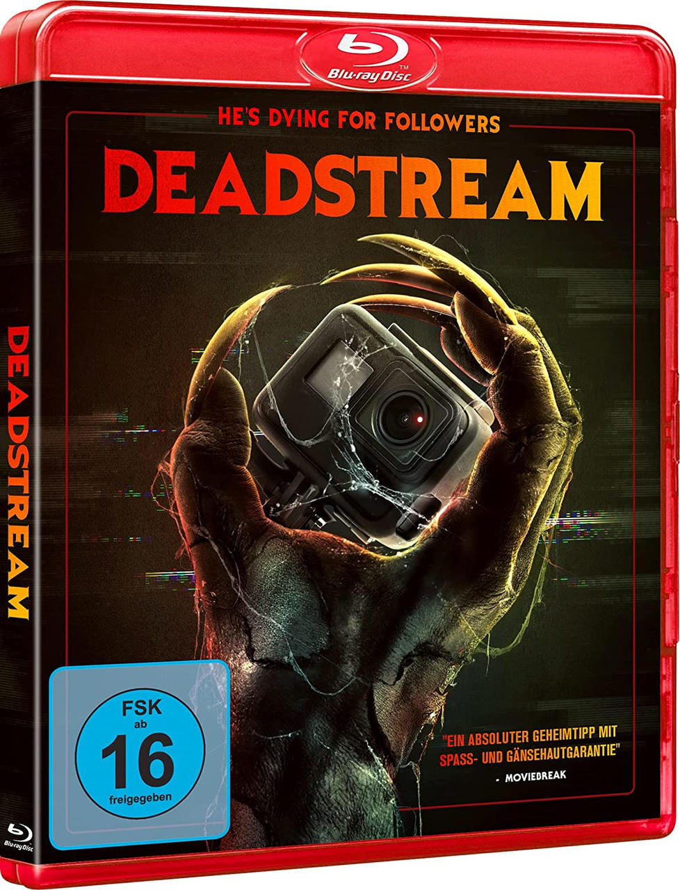 Filmcover für Deadstream. Hand mit Krallen hält eine GoPro-Kamera. Rotes und schwarzes Farbschema.