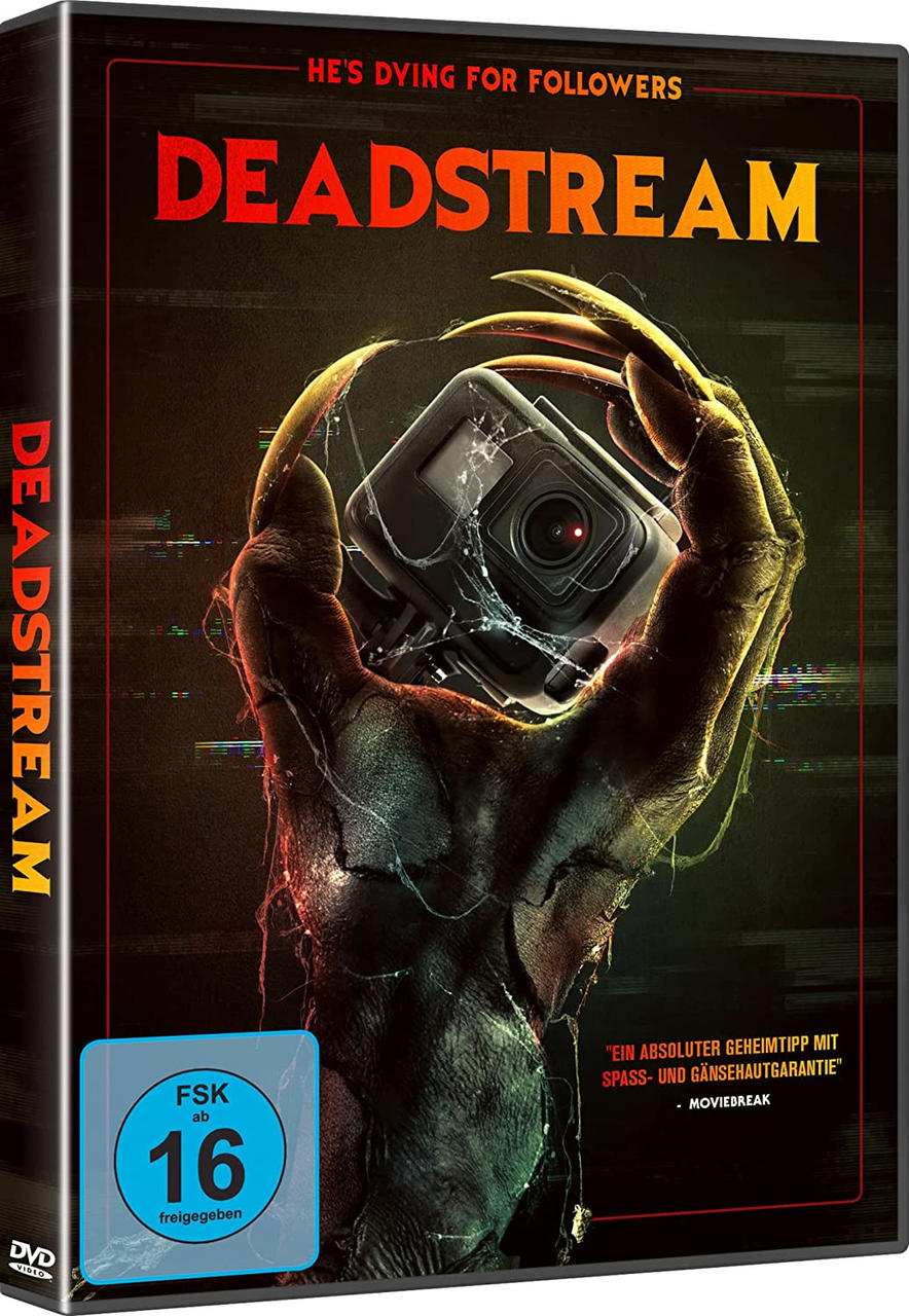 DVD-Hülle für Deadstream, die eine Hand mit einer Kamera zeigt. Der Umschlag hat Text und eine Bewertung.