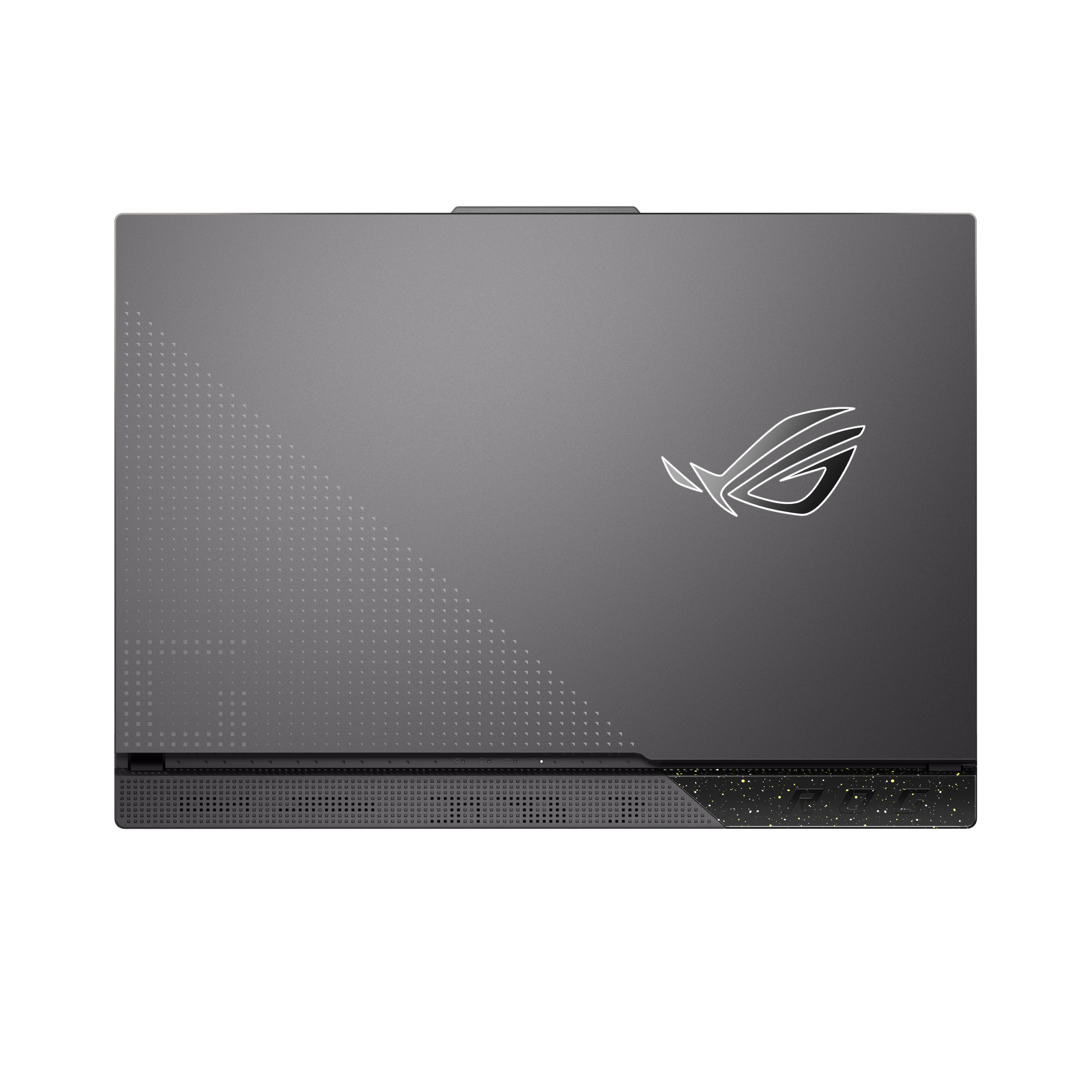 Draufsicht auf einen grauen Laptop mit Logo auf der rechten Seite und einem gepunkteten Muster.