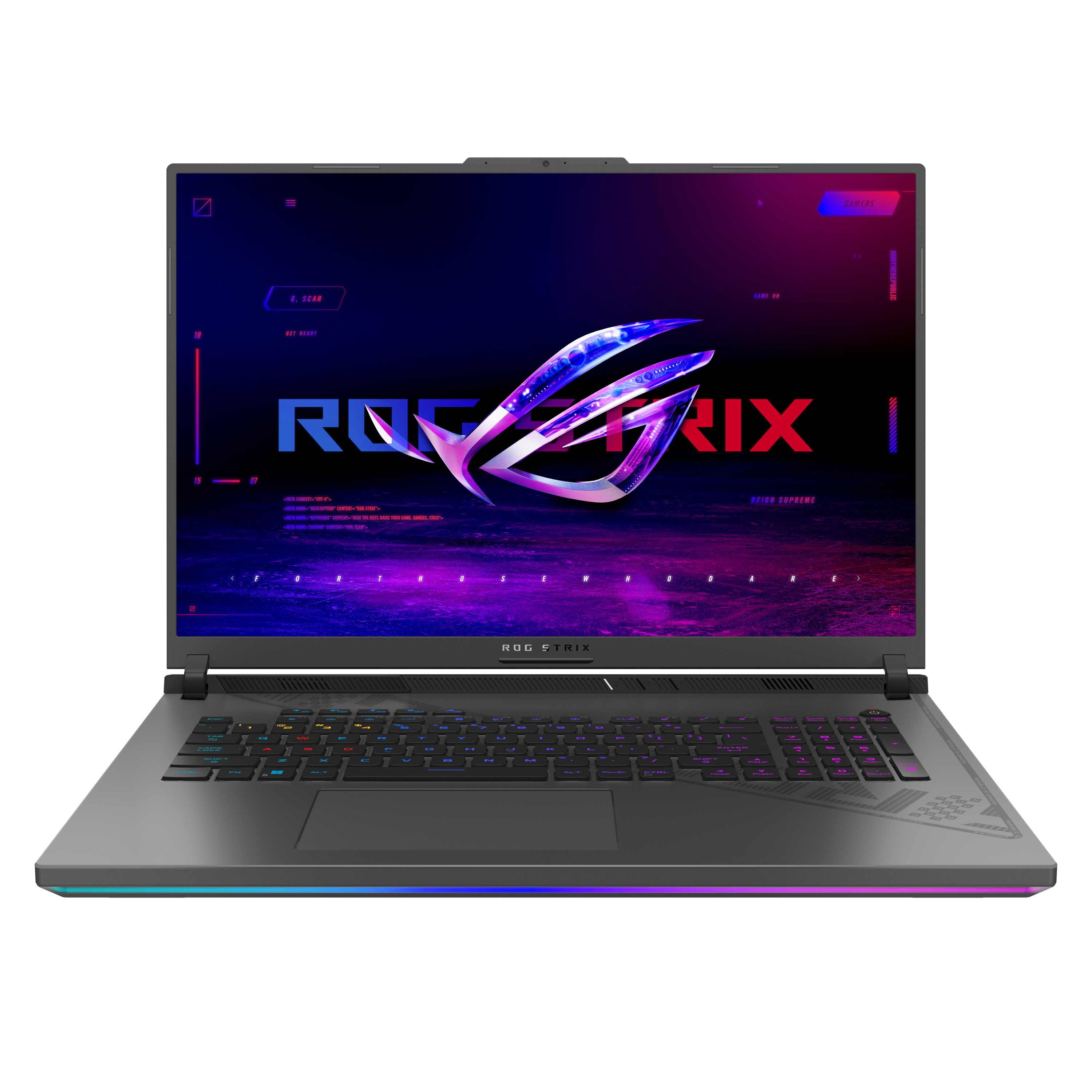 Schwarzer Laptop mit bunter Tastatur. Bildschirm zeigt ROG STRIX Logo. Graues Gehäuse mit beleuchteten Kanten.