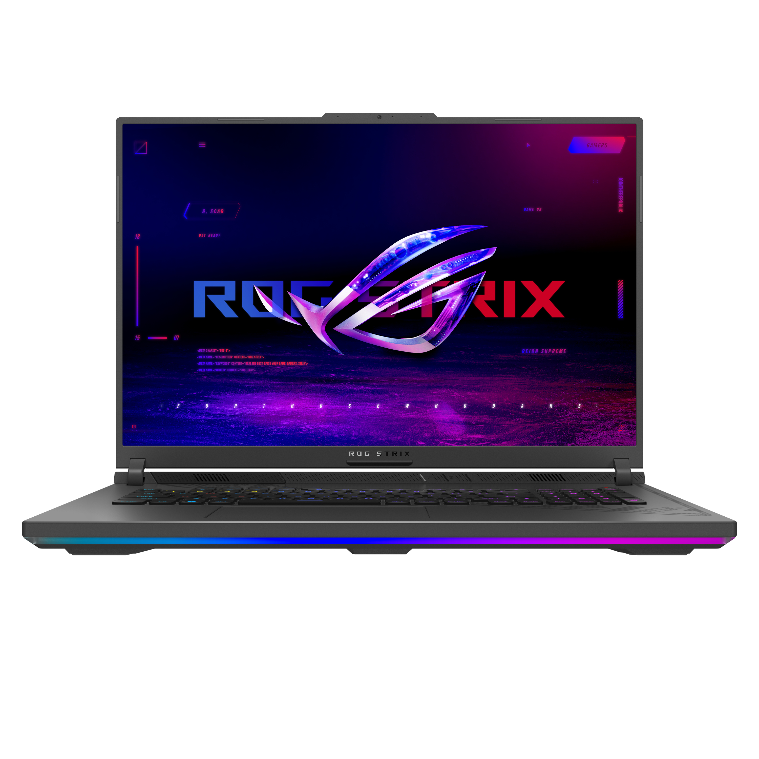Offenes Laptop, Bildschirm an. ROG-Logo prominent. RGB-Beleuchtung an der Basis.
