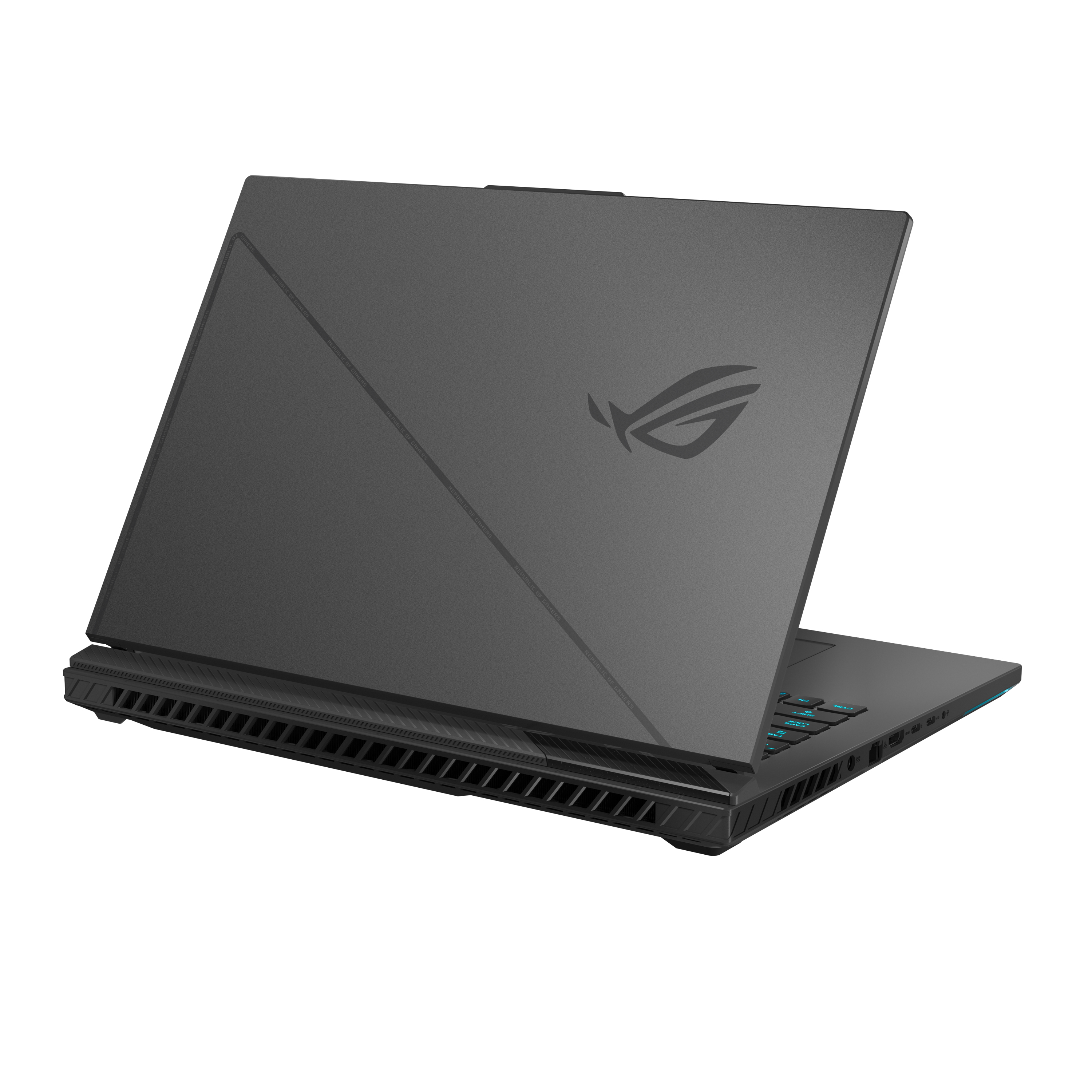 Schwarzer und grauer ROG-Gaming-Laptop, in einem Winkel geöffnet.